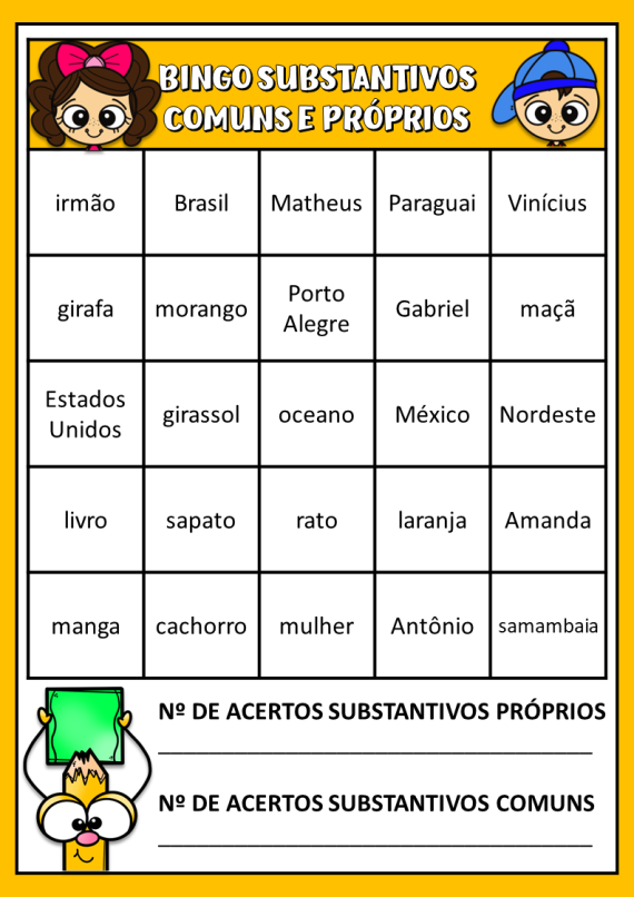 BINGO DOS SUBSTANTIVOS COMUNS E PROPRIOS