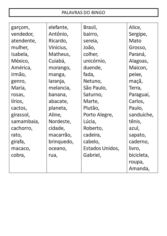 BINGO DOS SUBSTANTIVOS COMUNS E PROPRIOS