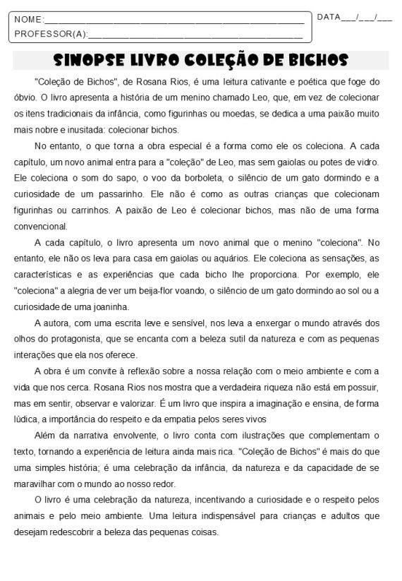 Atividades de Interpretação do Livro Coleção de Bichos da Rosana Rios
