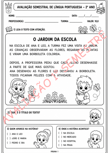 Avaliação Semestral 2° ano - Língua Portuguesa