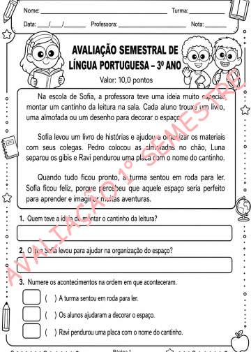 Avaliação Semestral 3° ano – Língua Portuguesa