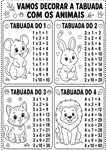 Fichas de Tabuada do 1 ao 20 com animais