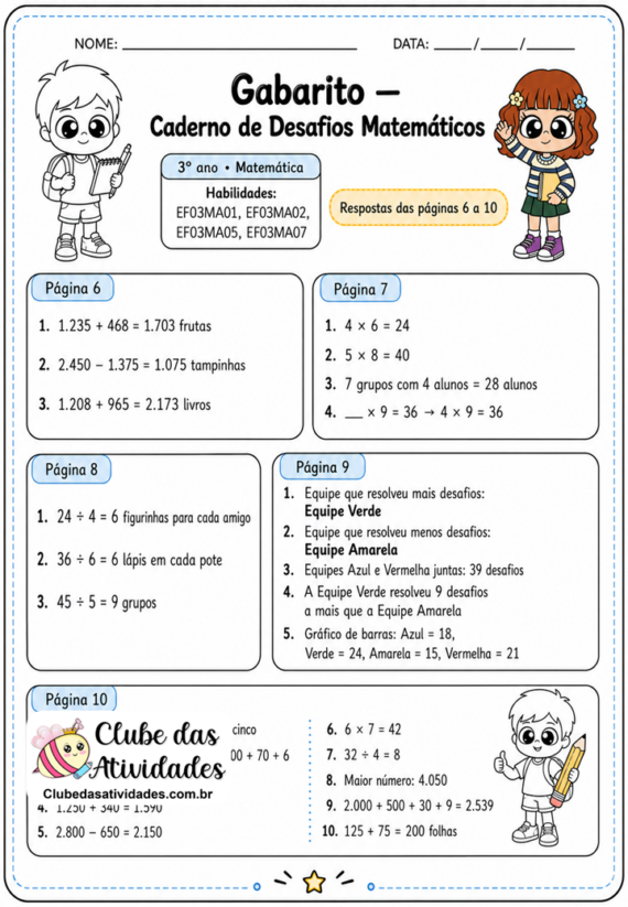 Atividade desafios Matemáticos - 3° ano • CLUBE DAS ATIVIDADES