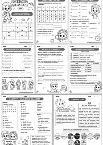 Calendário de Agosto Atividades para trabalhar o calendário de agosto