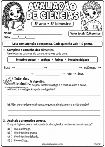 Avaliação Ciências 5º Ano 3º bimestre