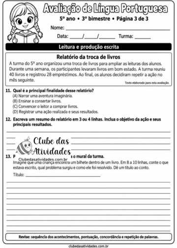Avaliação Português 5º ano 3º bimestre