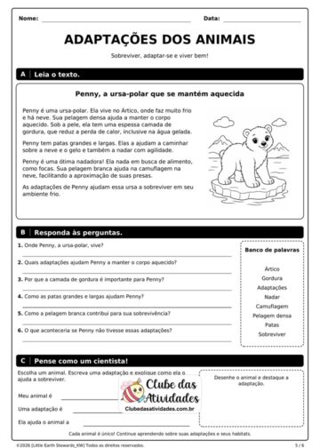 Atividade de ciências – Adaptações dos Animais 3º e 4º ano