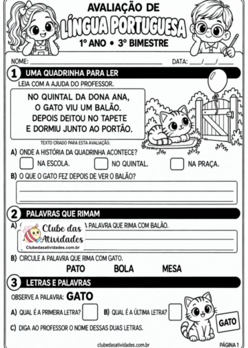 AVALIAÇÃO DE PORTUGUÊS 3º BIMESTRE – 1º ANO